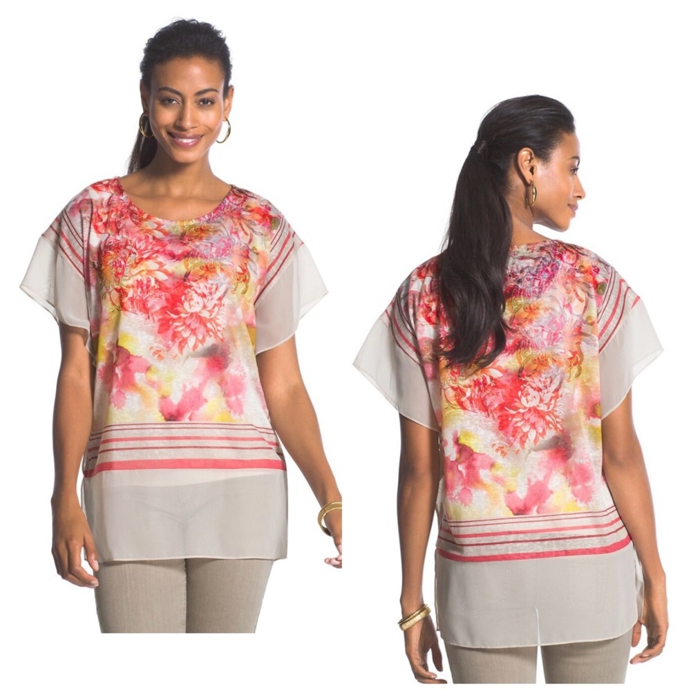 Chico’s Women’s Fina Floral Striped Flutter‎ Sleeve Boxy Top Size L/12